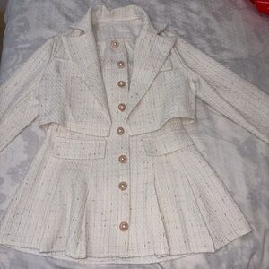 Ivory Textured Tweed Skirt Suit with Gold Threading